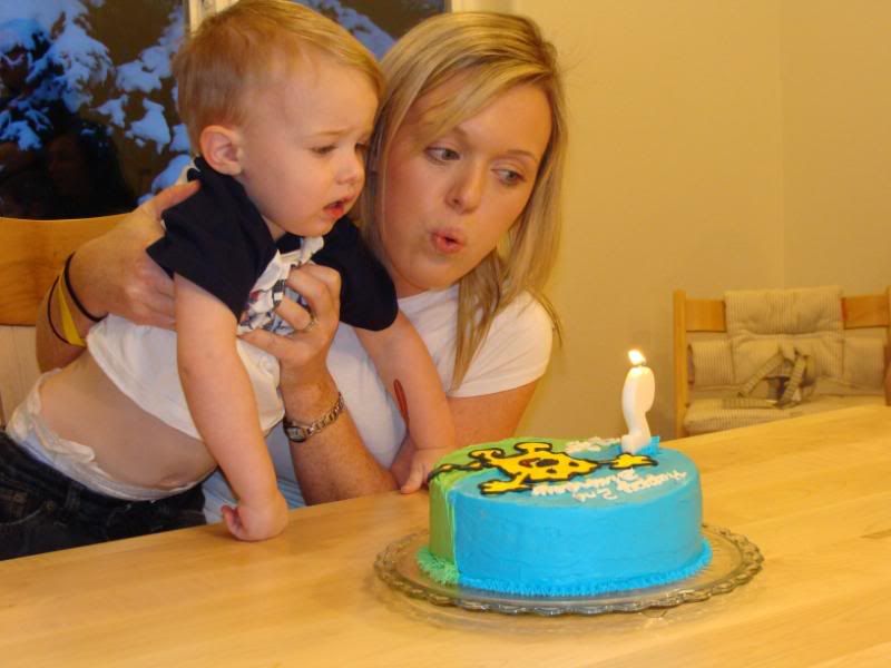 Blowing out the candle.