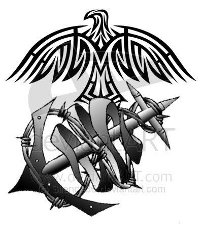 Patriotic Marine Corps tattoo with American flag, USMC flag, dagger knife