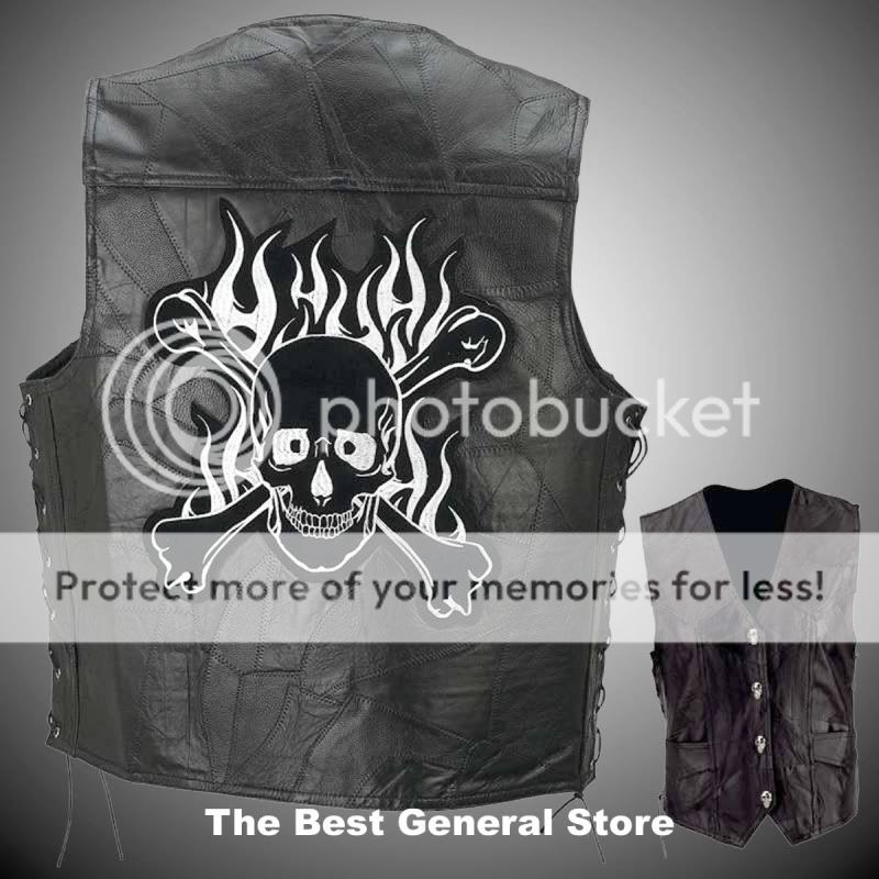 Buffalo Leather Motorcycle Vest with Flaming Skull and Crossbones 