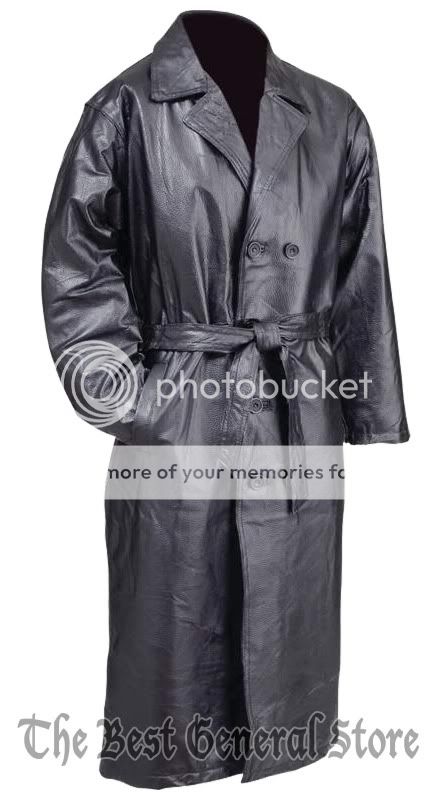 Mens Black Leather Trench Coat Duster Full Length Double Breasted Overcoat Lined