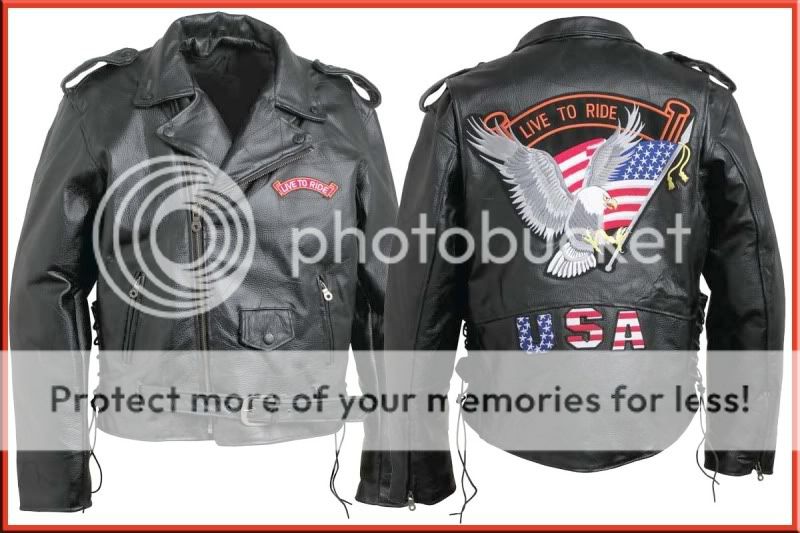 Mens Black Buffalo Leather Motorcycle Biker Jacket with Live to Ride USA Patches